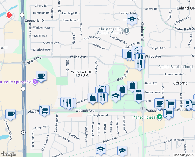 map of restaurants, bars, coffee shops, grocery stores, and more near 2802 Findley Drive in Springfield