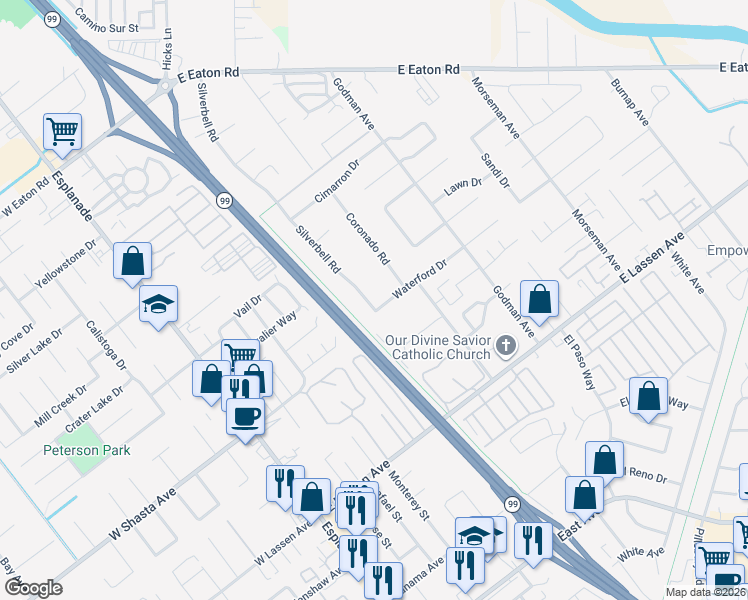 map of restaurants, bars, coffee shops, grocery stores, and more near 456 Waterford Dr in Chico