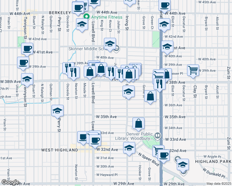 map of restaurants, bars, coffee shops, grocery stores, and more near 3364 West Clyde Place in Denver
