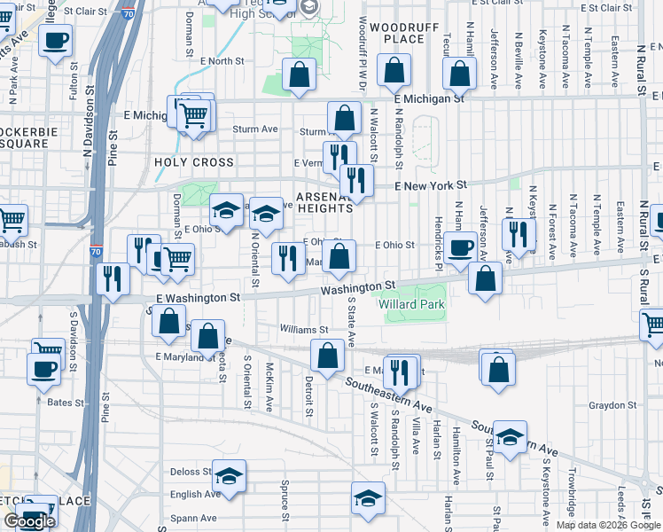 map of restaurants, bars, coffee shops, grocery stores, and more near 1603 East Market Street in Indianapolis