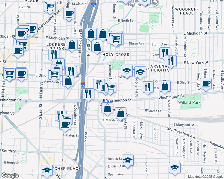 map of restaurants, bars, coffee shops, grocery stores, and more near 1117 East Market Street in Indianapolis