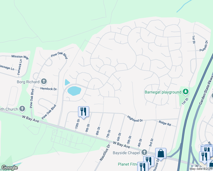 map of restaurants, bars, coffee shops, grocery stores, and more near 88 Mirage Boulevard in Barnegat Township