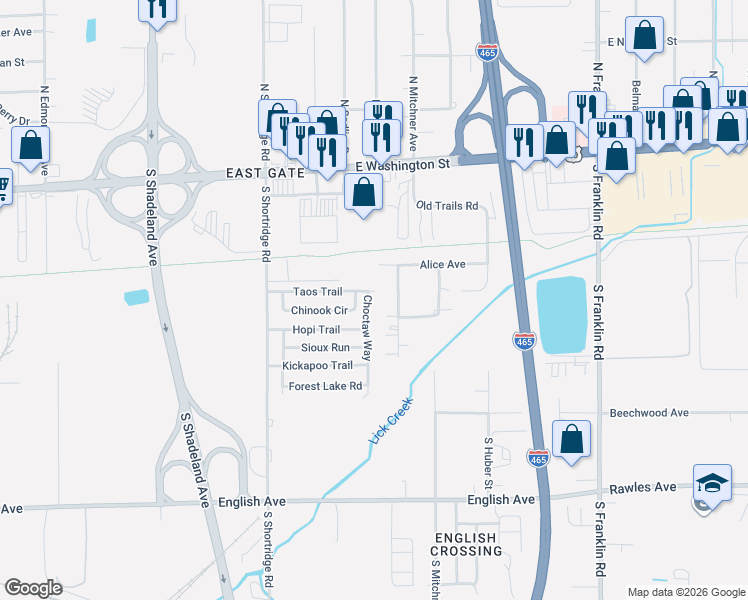 map of restaurants, bars, coffee shops, grocery stores, and more near 324 Peach Tree Lane in Indianapolis