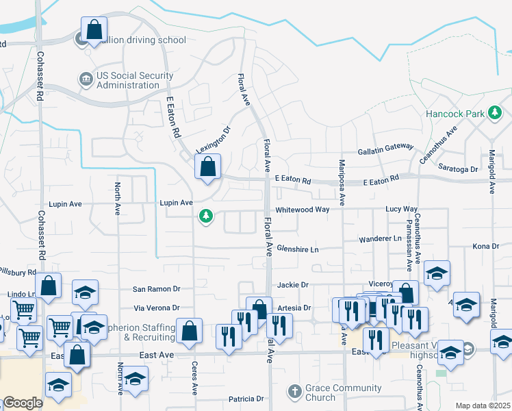 map of restaurants, bars, coffee shops, grocery stores, and more near 1184 Whitewood Way in Chico