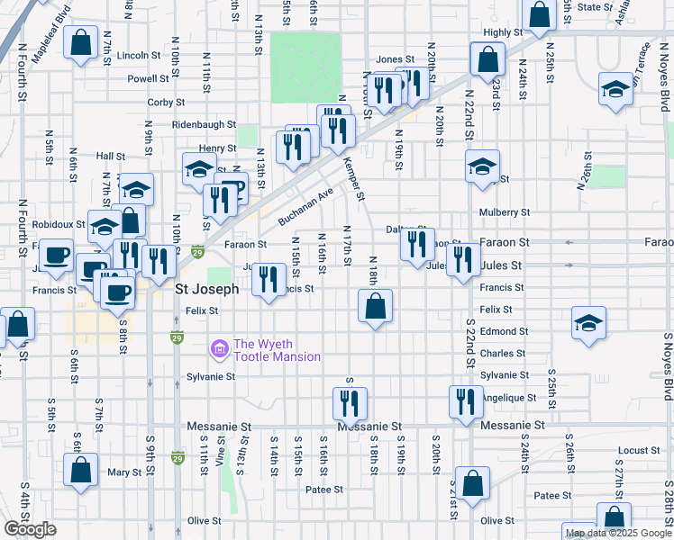 map of restaurants, bars, coffee shops, grocery stores, and more near 1616 Jules Street in Saint Joseph