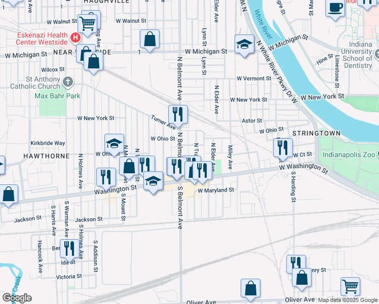 map of restaurants, bars, coffee shops, grocery stores, and more near 120 South Traub Avenue in Indianapolis
