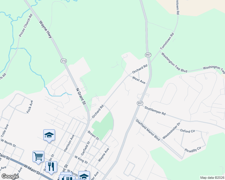 map of restaurants, bars, coffee shops, grocery stores, and more near 11411 Orchard Road in Waynesboro