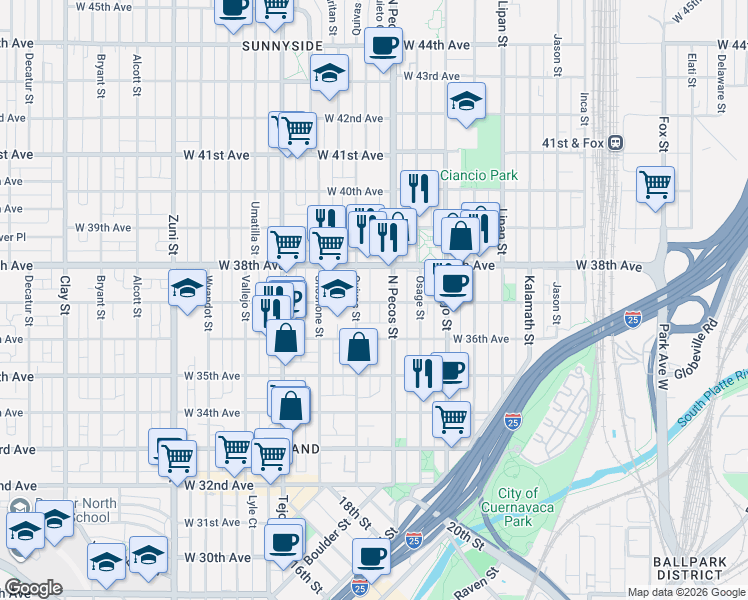 map of restaurants, bars, coffee shops, grocery stores, and more near 1733 West 37th Avenue in Denver