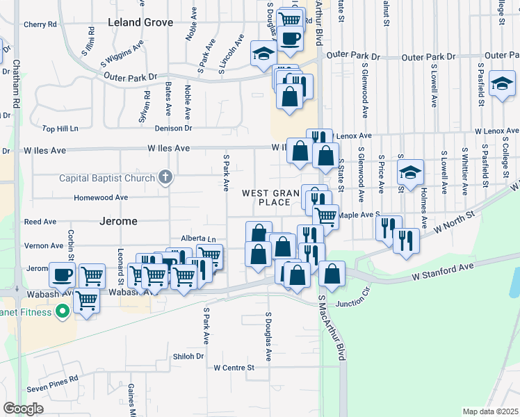 map of restaurants, bars, coffee shops, grocery stores, and more near 1169 West Maple Avenue South in Springfield