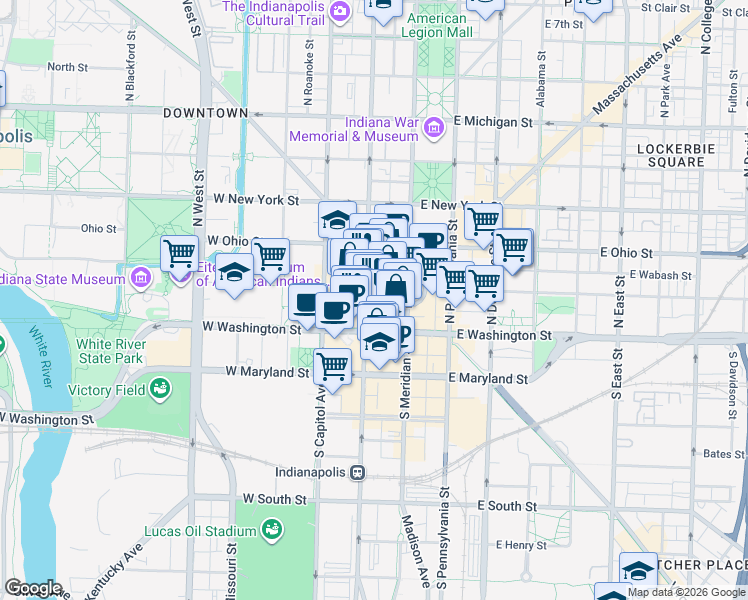 map of restaurants, bars, coffee shops, grocery stores, and more near 39 North Illinois Street in Indianapolis