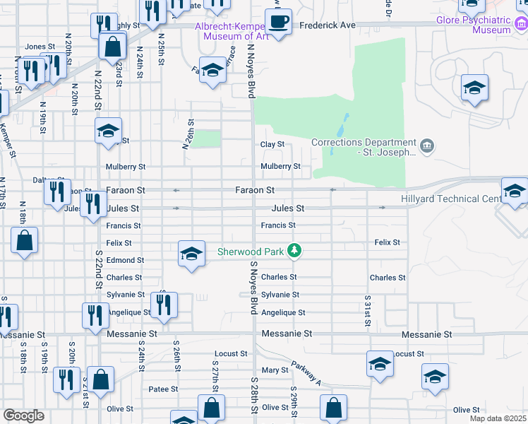 map of restaurants, bars, coffee shops, grocery stores, and more near 2806 Jules Street in Saint Joseph