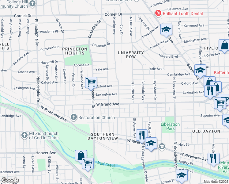 map of restaurants, bars, coffee shops, grocery stores, and more near 615 Lexington Avenue in Dayton