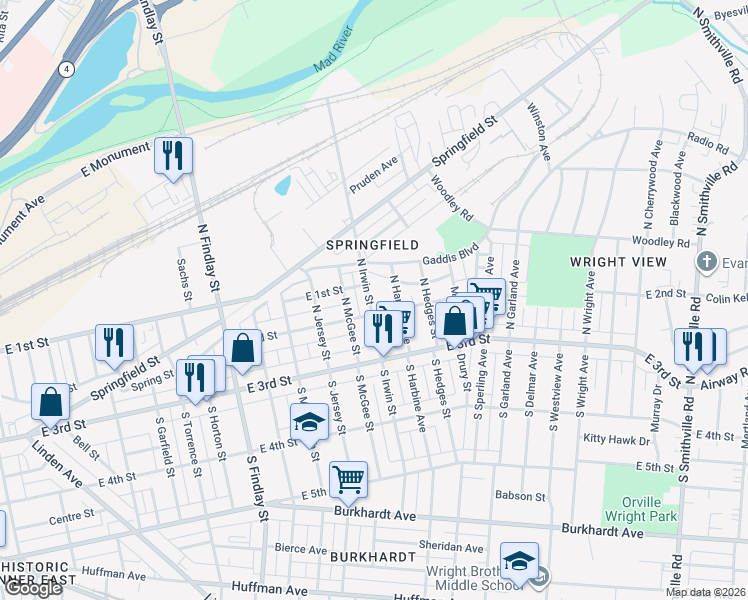 map of restaurants, bars, coffee shops, grocery stores, and more near 104 North Irwin Street in Dayton