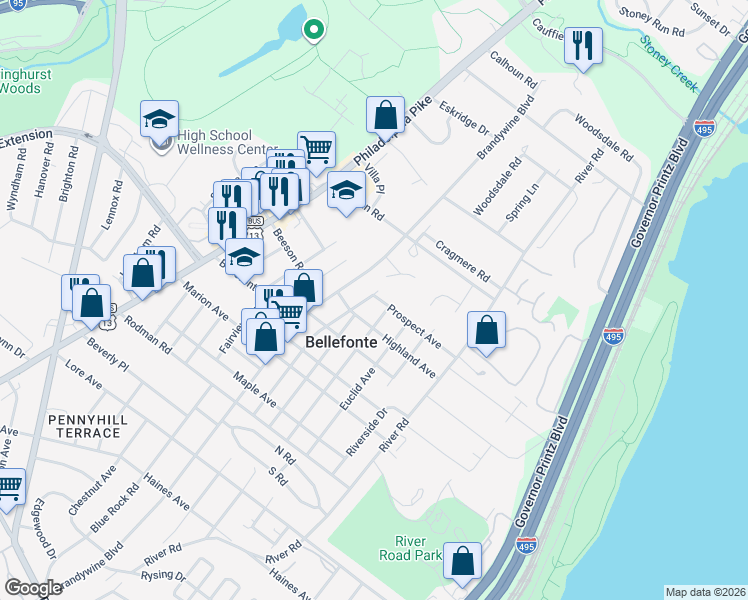 map of restaurants, bars, coffee shops, grocery stores, and more near 707 Prospect Avenue in Wilmington