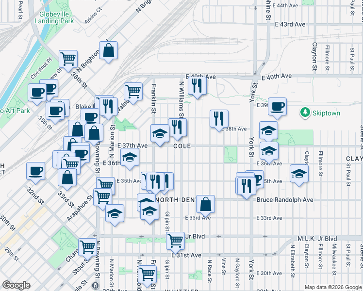 map of restaurants, bars, coffee shops, grocery stores, and more near Williams Street & East 37th Avenue in Denver