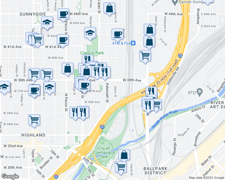 map of restaurants, bars, coffee shops, grocery stores, and more near 1125 West 37th Avenue in Denver