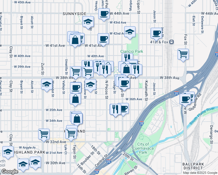 map of restaurants, bars, coffee shops, grocery stores, and more near 1623 West 37th Avenue in Denver