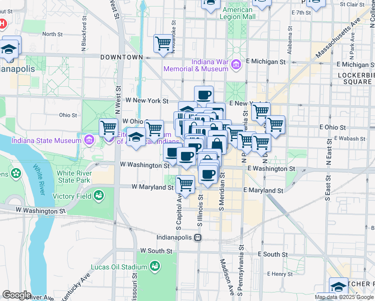 map of restaurants, bars, coffee shops, grocery stores, and more near 33 North Capitol Avenue in Indianapolis