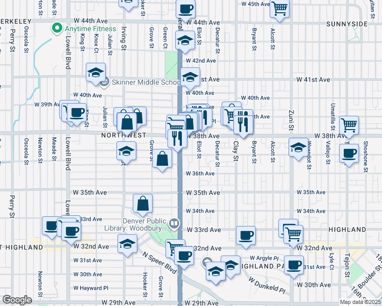 map of restaurants, bars, coffee shops, grocery stores, and more near 2929 West 37th Avenue in Denver