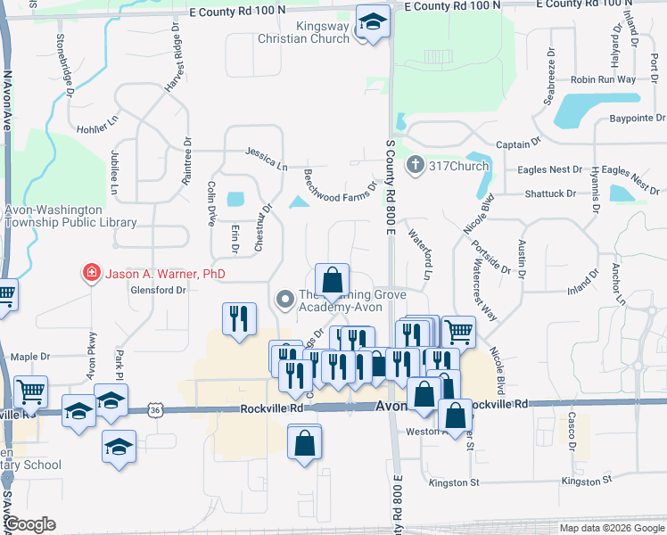 map of restaurants, bars, coffee shops, grocery stores, and more near 7973 Cobblesprings Drive in Avon