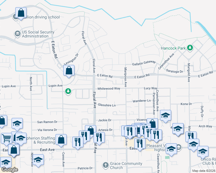 map of restaurants, bars, coffee shops, grocery stores, and more near 1240 Whitewood Way in Chico