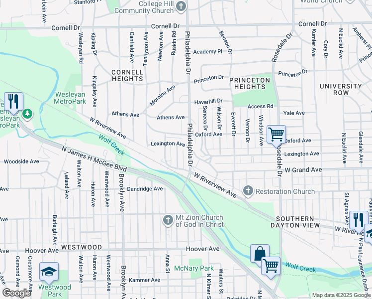 map of restaurants, bars, coffee shops, grocery stores, and more near in Dayton