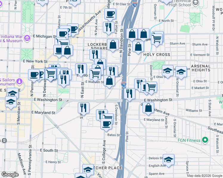 map of restaurants, bars, coffee shops, grocery stores, and more near 745 East Market Street in Indianapolis