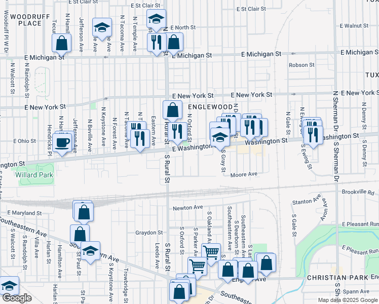 map of restaurants, bars, coffee shops, grocery stores, and more near 2913 East Washington Street in Indianapolis