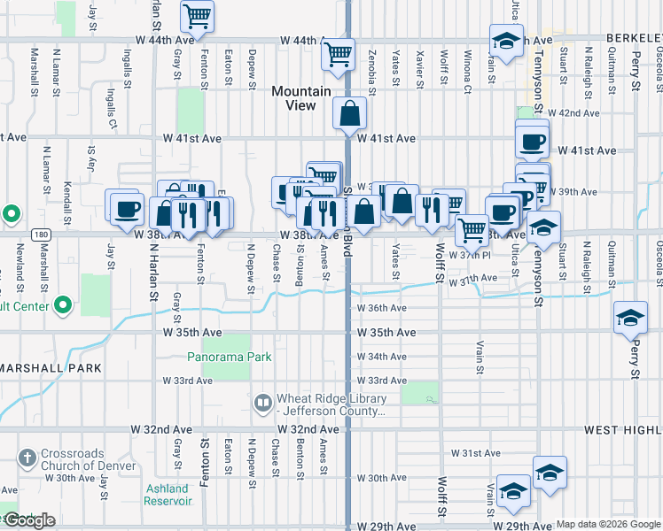 map of restaurants, bars, coffee shops, grocery stores, and more near 3706 Ames Street in Wheat Ridge