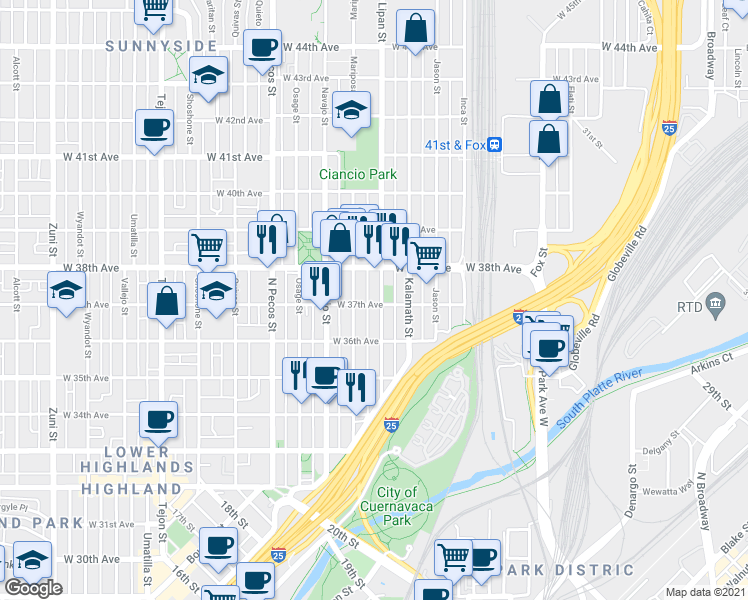 map of restaurants, bars, coffee shops, grocery stores, and more near 3658 Lipan Street in Denver