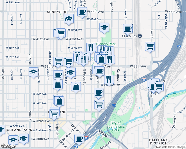 map of restaurants, bars, coffee shops, grocery stores, and more near 3659 Navajo Street in Denver