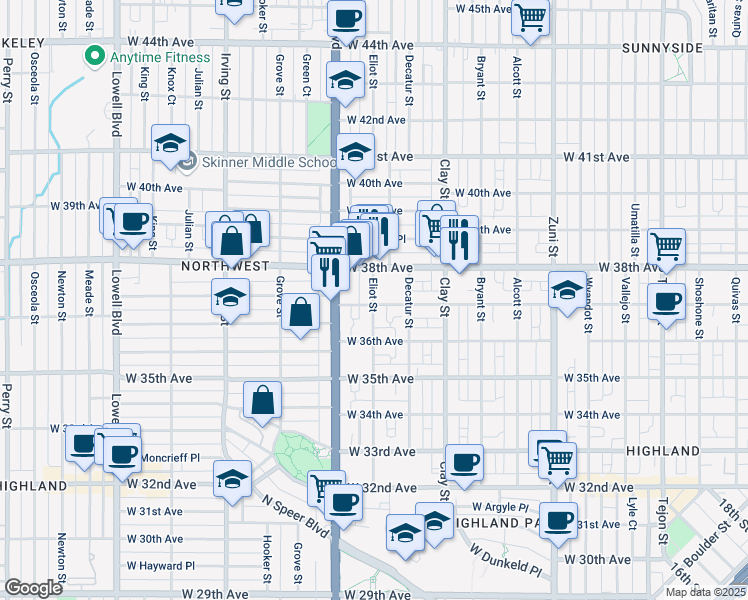 map of restaurants, bars, coffee shops, grocery stores, and more near 3655 Eliot Street in Denver