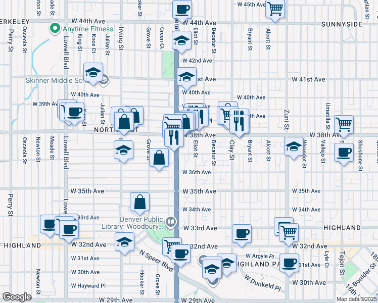 map of restaurants, bars, coffee shops, grocery stores, and more near 3655 Eliot Street in Denver