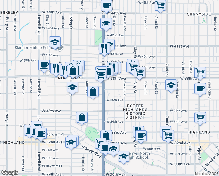 map of restaurants, bars, coffee shops, grocery stores, and more near 3655 Eliot Street in Denver