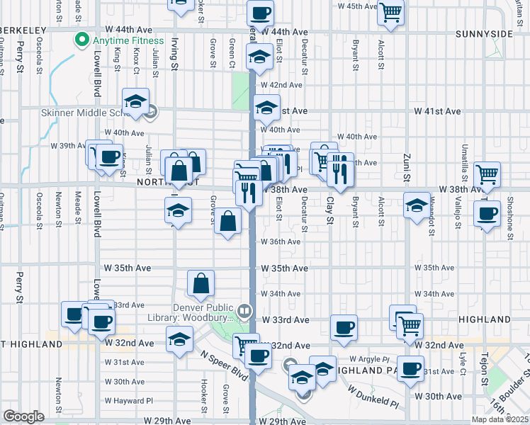 map of restaurants, bars, coffee shops, grocery stores, and more near 3655 Eliot Street in Denver