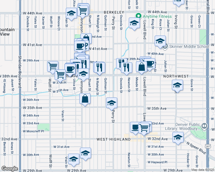 map of restaurants, bars, coffee shops, grocery stores, and more near 3717 Quitman Street in Denver