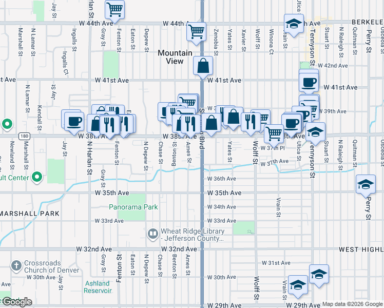 map of restaurants, bars, coffee shops, grocery stores, and more near 3706 Ames Street in Wheat Ridge
