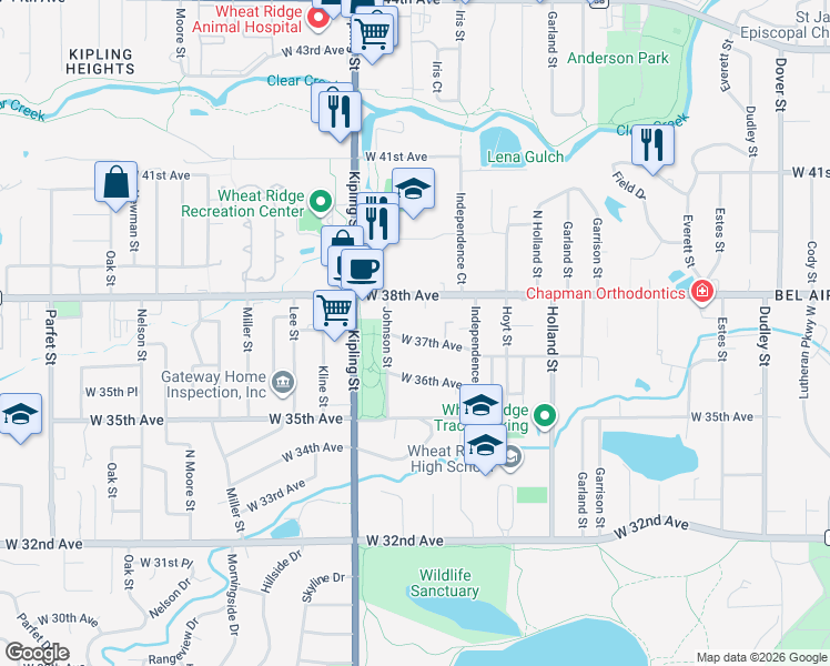 map of restaurants, bars, coffee shops, grocery stores, and more near 9870 West 37th Avenue in Wheat Ridge