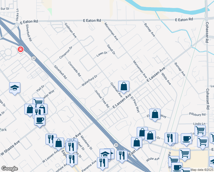 map of restaurants, bars, coffee shops, grocery stores, and more near 583 Morgan Drive in Chico