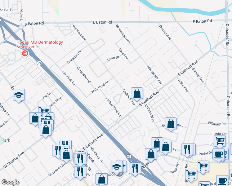 map of restaurants, bars, coffee shops, grocery stores, and more near 583 Morgan Drive in Chico