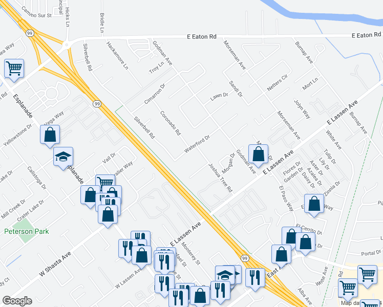map of restaurants, bars, coffee shops, grocery stores, and more near 490 Posada Way in Chico