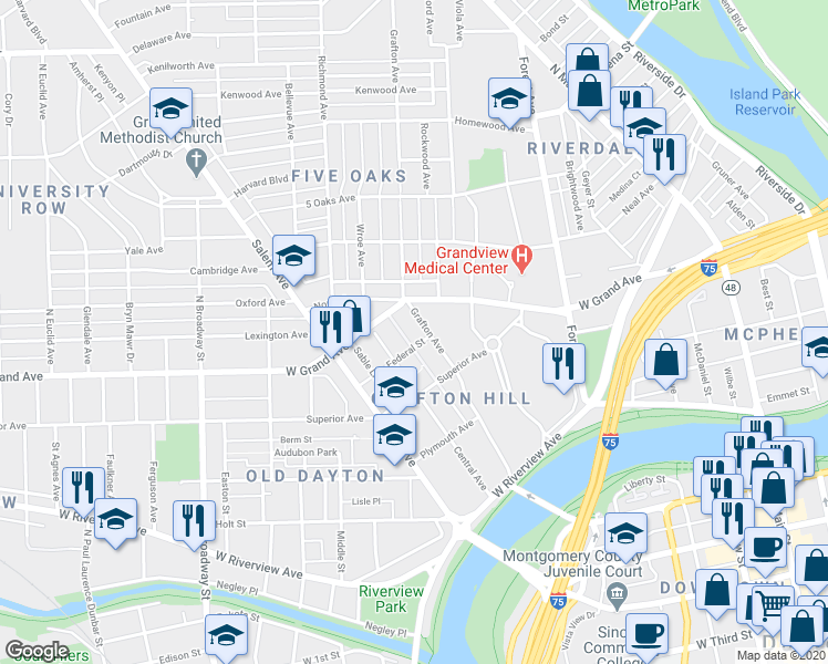 map of restaurants, bars, coffee shops, grocery stores, and more near 301 Grafton Avenue in Dayton