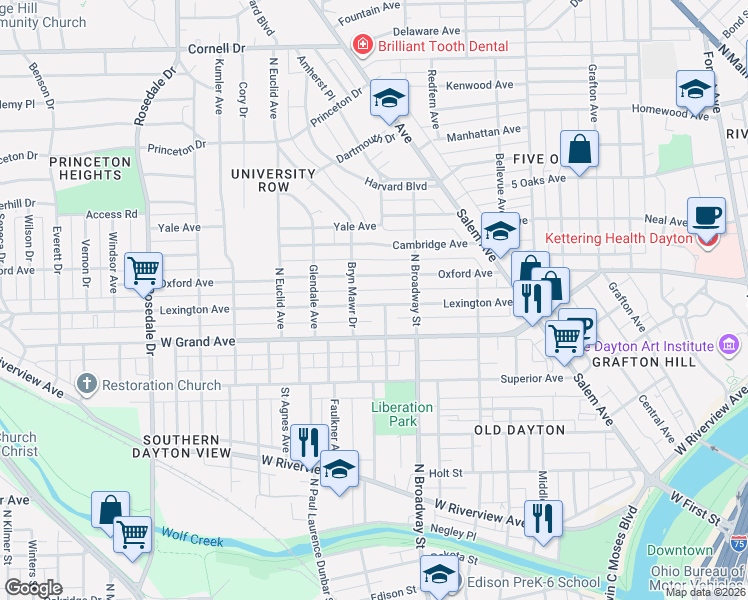 map of restaurants, bars, coffee shops, grocery stores, and more near 265 Lexington Avenue in Dayton