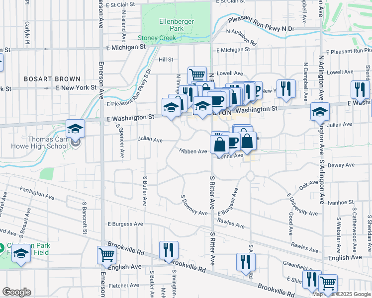 map of restaurants, bars, coffee shops, grocery stores, and more near 5411 Hibben Avenue in Indianapolis