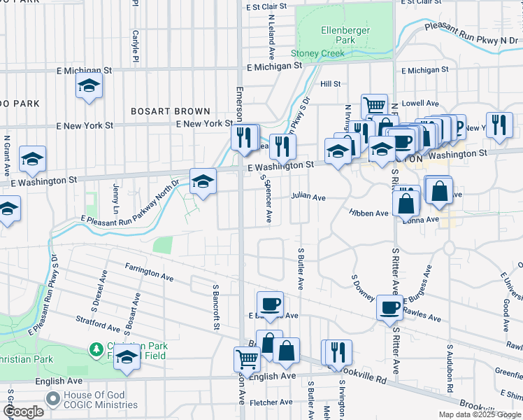 map of restaurants, bars, coffee shops, grocery stores, and more near 142 South Spencer Avenue in Indianapolis