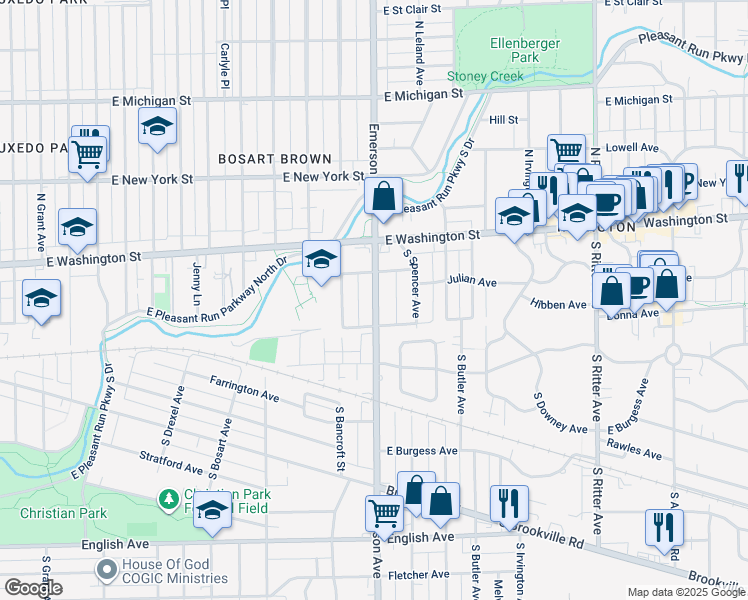 map of restaurants, bars, coffee shops, grocery stores, and more near 140 South Emerson Avenue in Indianapolis