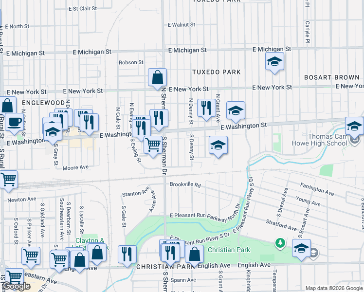 map of restaurants, bars, coffee shops, grocery stores, and more near 44 South Denny Street in Indianapolis