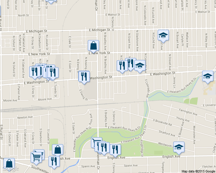map of restaurants, bars, coffee shops, grocery stores, and more near 44 South Denny Street in Indianapolis