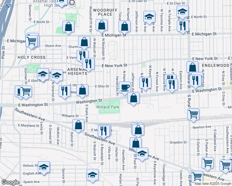 map of restaurants, bars, coffee shops, grocery stores, and more near in Indianapolis