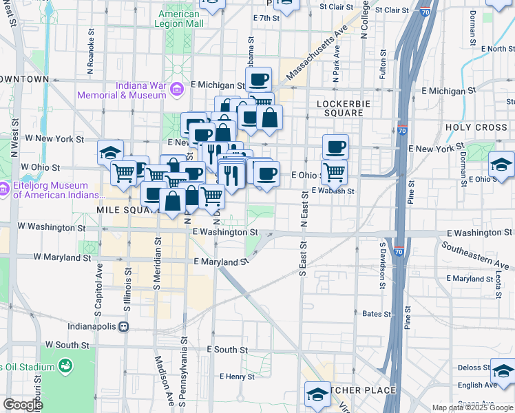 map of restaurants, bars, coffee shops, grocery stores, and more near 55 North Alabama Street in Indianapolis